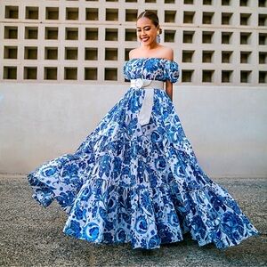 Caroline Constas Bardot Puff Sleeve Maxi Dress Size Medium